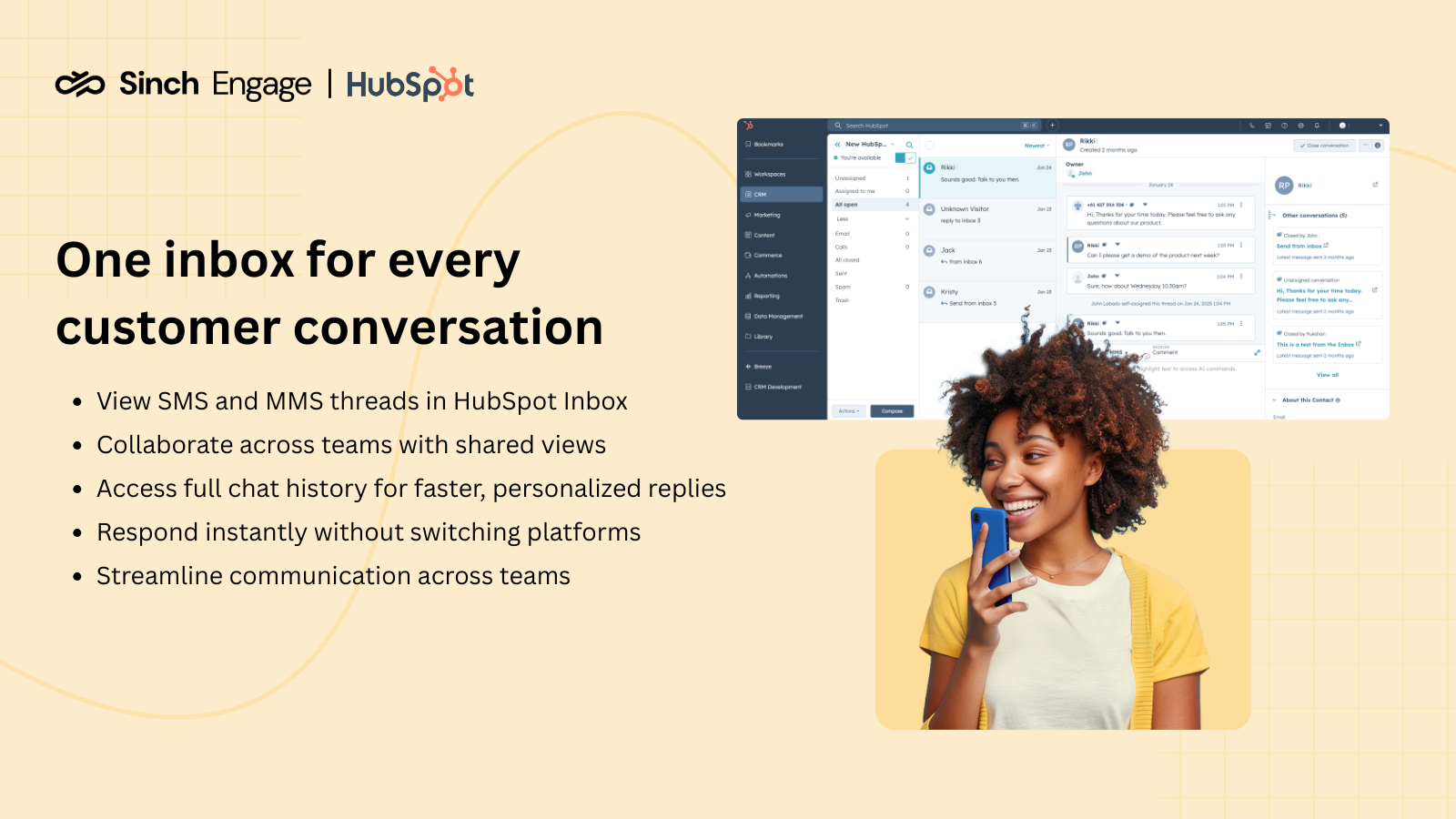 Centralized conversations in HubSpot Inbox.